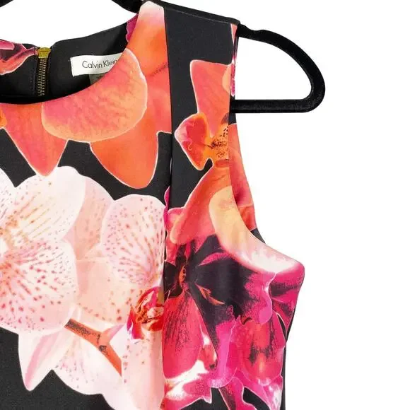 Calvin Klein Floral Dress Fitted Black Scuba Sleeveless Womens Size 10 - Picture 4 of 9
